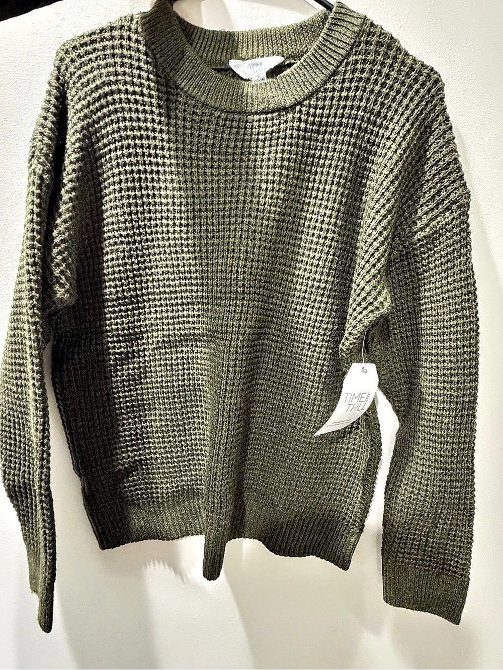 Time and Tru Women's Waffle Stitch Pullover Sweater Green Medium
